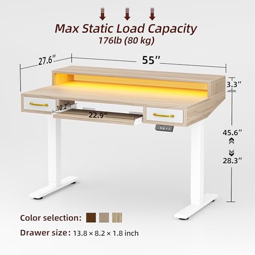 Image of TIQLAB Standing Desk with Two Drawers, Stand Up Standing Desk Adjustable Height, Electric Sit Stand Table with Storage Shelf and Splice Board, with LED Light, 55 * 28 inch, Light Walnut