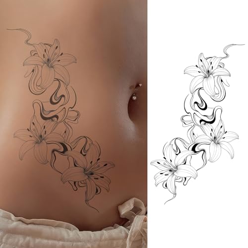 Lily Vine Temporary Tattoo for Women – Abstract Floral Line Desig...