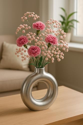 Image of Amazon Basics Artisan Crafted Ceramic Donut Shaped Vase for Unique Home Decor (9L cm x 4W cm x 16H cm) - Pack of 1, Silver