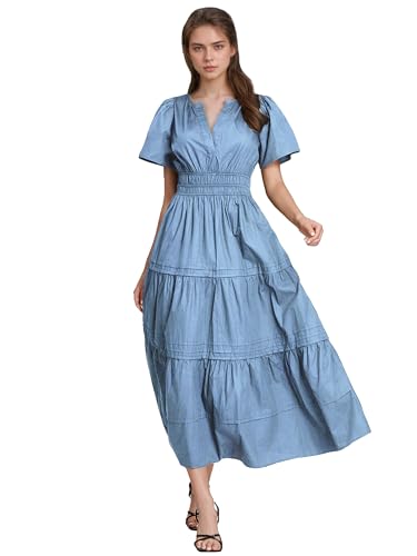Image of ShallWe Women's Basic Plain Summer Dress Casual Long Maxi Short Sleeve Layered Cotton V Neck A Line Fashion Travel