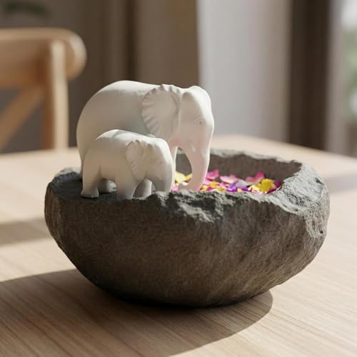 Image of eCraftIndia Elephant Statues Decorative Urli Bowl for Home Decor (Resin Black) | Urli Set for Decoration Floating Flowers Tea Light Candle Holder | Diwali Decoration Items
