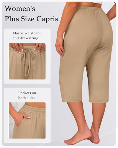 Huukeay 3 Pack Women's Plus Size Capris, Drawstring Cotton Yoga Capri Sweatpants Summer Casual Loose Cropped Pant with Pocket3