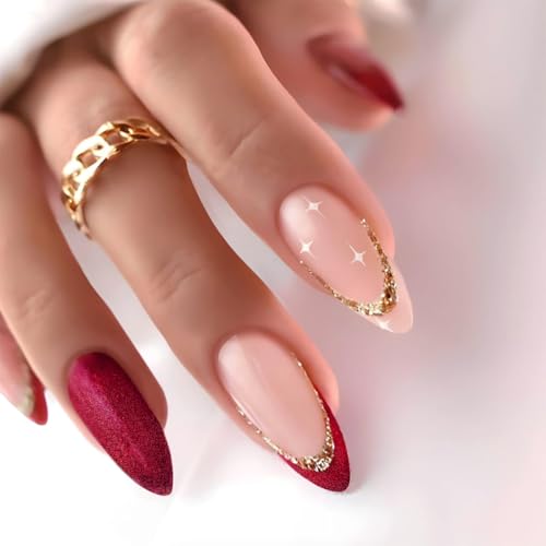 Image of Secret Lives Glossy Artificial Light Pink & Red Color with Red and Golden Glitter Designer Fake False Press on Nails 24 pieces Set with Kit