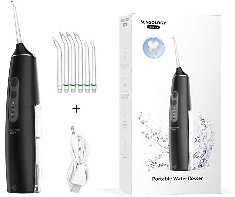 SENSOLOGY Cordless Water Flosser Rechargeable Teeth Cleaner Portable Travel Water Dental Flosser Oral Irrigator Flossing with 6 Water Floss Jet Nozzles and 3 Modes Normal,Soft,Pulse (Black)
