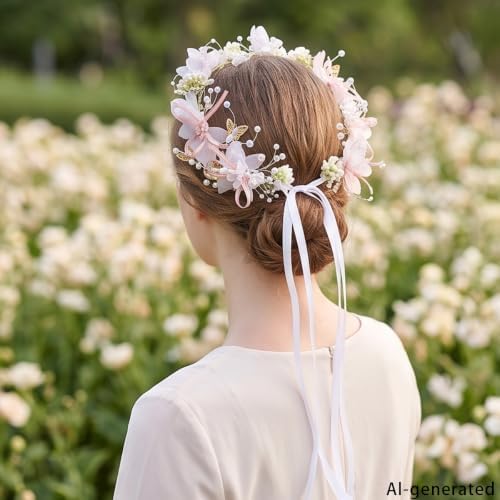 Pink Flower Headband Flowers Pearls Bridesmaid Headband Fairy Accessories — view 3