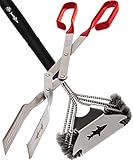 Extra Long-Reach Grilling Tongs & Stainless Steel Wire Grill Brush Bundle, by Shark BBQ, (17-Inch Red Tongs) 2-Pack