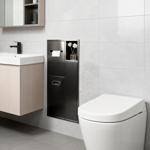 Unterputz Toilettenpapierhalter Unterputz Wc Modul Toilettenpapierhalter Unterputz, mit Eingebaute Mülleimernische, Toilettenbürstenhalter, Mülleimer, für Badezimmer, Platzsparend(Black,67*40*14CM)