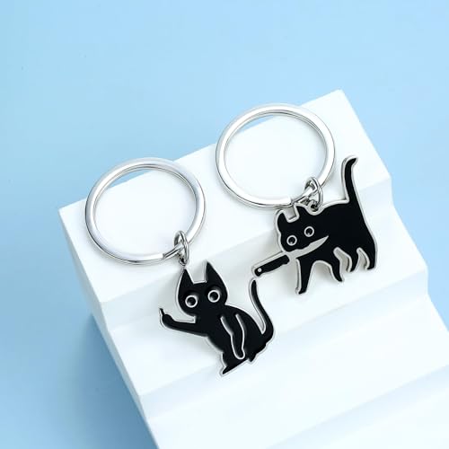 Image of 2Pcs, Cat Keychain, Stainless Steel Keyrings & Keychains, Bag Charms for Handbags and Car Keychain, Black It Is So Cute It Can Be A Cat Lover Gift For Someone Who Loves Cats Very Cute Cat Stuff