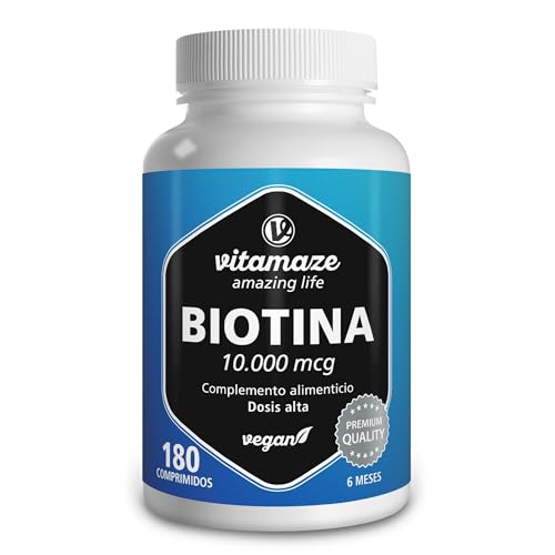 Vitamaze® Biotina 10.000 mcg, 6 Meses de Alta Dosis, con 180 Comprimidos Veganos, Vitaminas para el pelo con 10 mg de Biotina para el cabello, Vitaminas Para el Cabello, Piel y Uñas.
