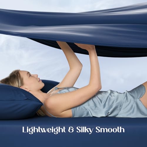 Image of Dream Valley Cooling Sheets Twin Size, Cooling Fitted Breathable Bed Sheets & Flat Sheet with 1 Pillowcase-3 PCS for Night Sweats & Hot Sleepers, Q-Max >0.45 Aerocool, Deep Pocket 16 inch,Navy Peony