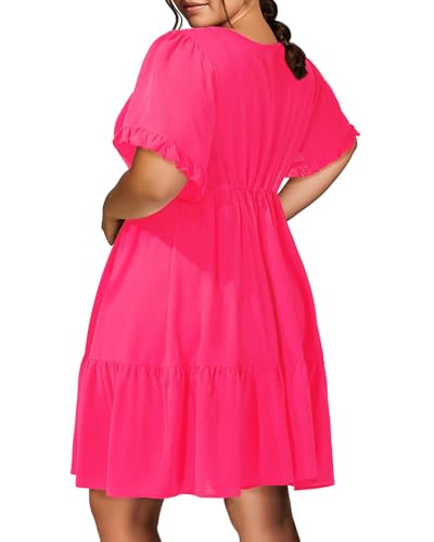 Pinup Fashion Plus Size Summer Dress - Casual Babydoll Tunic V Neck Short Ruffle Sleeve Tiered Dresses2