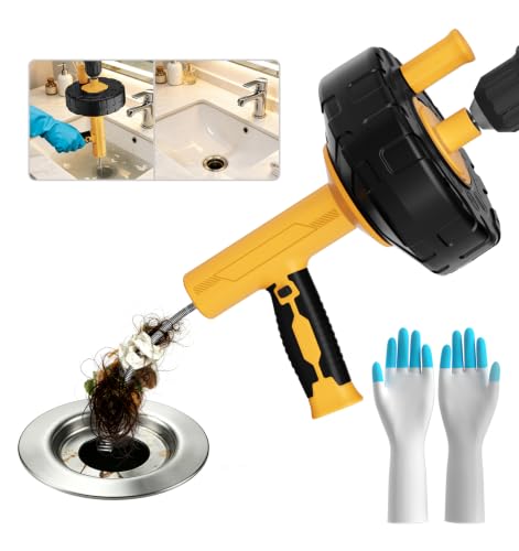 25FT Auto Feed Plumbing Drain Snake Auger, Time‑Saving Manual & Drill Powered Flexible Drain Auger, Hair Drain Clog Remover for Kitchen Sink Bathroom Shower Bathtub Unclogging, Free Work Gloves