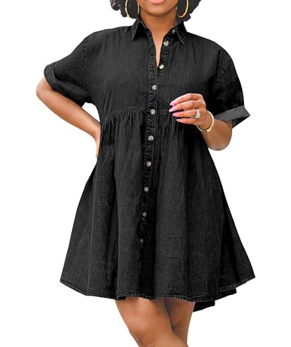 Image of Womens Denim Babydoll Dresses Summer Outfits Button Down Ruffle Tiered Jean Dress