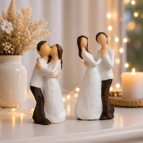 Image of Xtore Hand-Painted Small Size Romantic Couple Statues | Beautiful Resin Home Decor (Pack of 2, White and Brown Color)