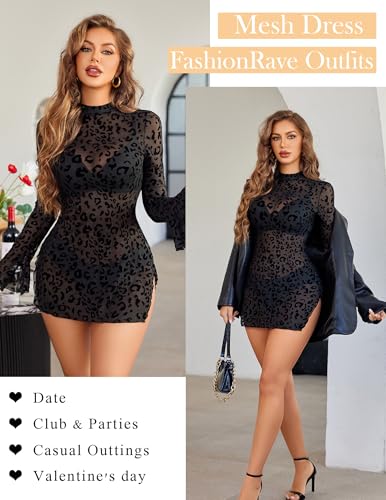 Image of Avidlove Mesh Mini Dresses for Women Bell Sleeves Bodycon Turtle Neck Split Lingerie Dress Vacation Party Outfits Clubwear