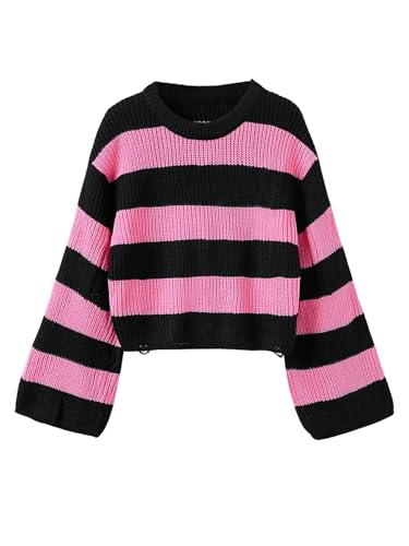 Image of BEAUDRM Girl's Cute Bow Sweater Crew Neck Long Sleeve Drop Shoulder Loose Pullover Tops