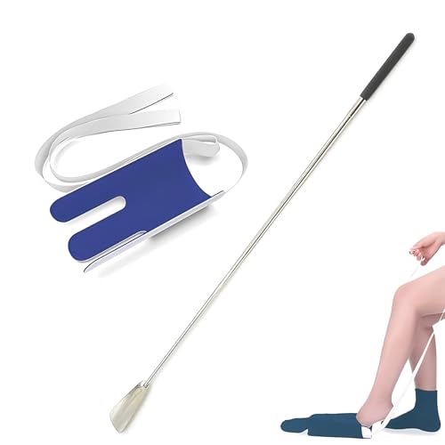 Calzador de metal largo, Guador juego de 2 piezas para personas mayores,1Ayudas para llevar calcetines,+1 calzador de zapatos largo para calcetines, ayuda para sacar, Ayuda Poner Calcetines Calzador