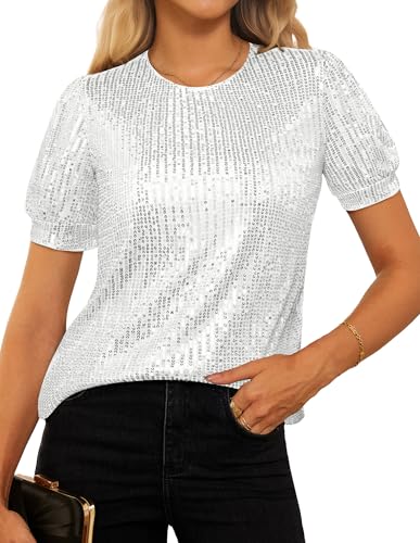 GRACE KARIN Damen Pailletten Bluse Glitzer Puffärmel Oberteile Vintage Party-Bluse