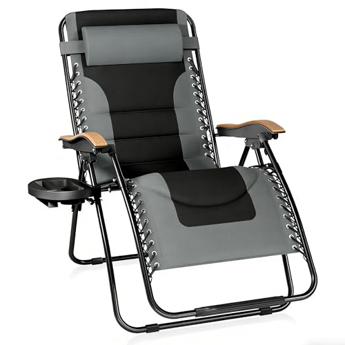 PHI VILLA XXL Oversized Padded Zero Gravity Chair, Foldable Patio Recliner, 30' Wide Seat Anti Gravity Lounger with Cup Holder, Support 400 LBS (Gray)