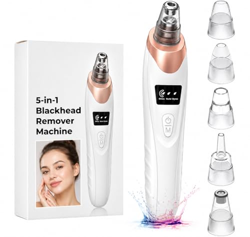 Image of 5 in 1 Multi-Function Blackhead Whitehead Remover Device, Skin Cleaner, Pimple Removal Tool, Acne Pimple Cleaner Vacuum Suction for Men and Women (5 in 1 Plus Blackhead) (white)
