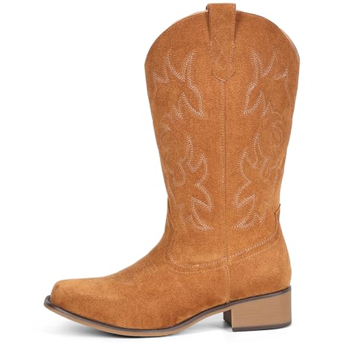 Image of IUV Cowboy Boots For Women Square Toe Wide Mid Calf Western Pull On Suede Fashion Black Brown Cowgirl Boots