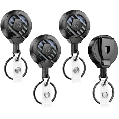 Image of MNGARISTA Upgraded Heavy Duty Retractable Keychain with Belt Clip, 10 OZ Retraction, 31.5 inch Stainless Steel Cord Key Chain, 3K Carbon Fiber ID Badge Reel Holder with Badge Strap and Key Ring, 4 Pack