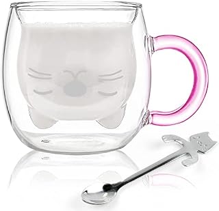 Wellehomi Cat Cup Double Wall Insulated Cute Cat Coffee Milk Tea Cup with Handle, Cat Glass with Silver Cat Spoon Espresso Mug Lovely Gift for Christmas Birthday Valentine's Day