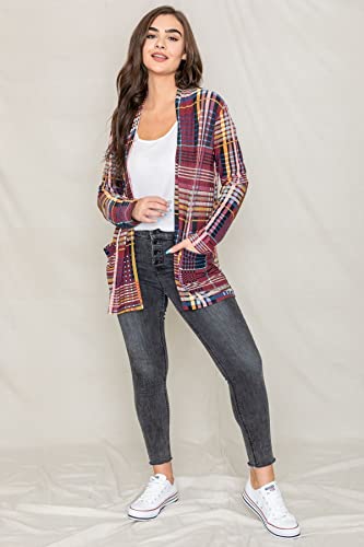 Image of Eloges Women's Multi Stripe Soft Knit Open Cardigan with Suede Elbow Patch