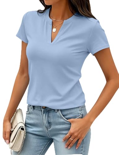 Image of Meetrendi Women's Notch V Neck T-Shirt Slim Fit Premium Cotton Blend Short Top