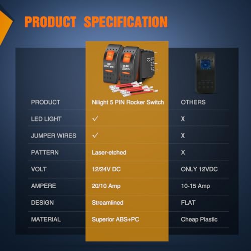Image of Nilight 2 Pack UTV Rocker Switch with Orange Backlit On Off 5 PIN | SPST Led Light Bar Rear Lights Switches Toggle 12V 24V Jumper Wires Set for ARZR Can-Am TVs UTVs Cars Trucks RVs