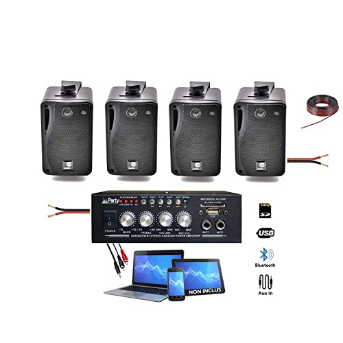Party Light & Sound - Pack HiFi Ampli Party PLS1250USB-RC Tuner USB Bluetooth - Télécommande - 4 Enceintes E Audio 80W - Restaurant - Commerce - Institut