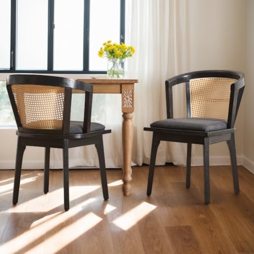 Image of BESTANO Black Rattan Dining Chairs Set of 2, Mid Century Modern Farmhouse Wood Dining Room Chairs, Upholstered Comfortable Kitchen Dining Side Chair with Cane Woven Back, Charcoal Linen