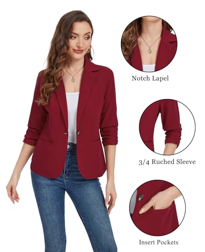 Women's Casual Work Office Blazer Open Front Business 3/4 Sleeve Button Blazer Lightweight Suit Jacket4