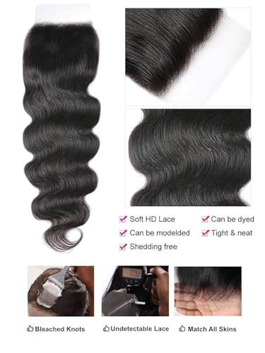 Image of UNICE Body Wave Human Hair Bundles with Closure 20 22 24+20 inch Brazilian Virgin Hair Weave 3 Bundles Human Hair with 5x5 hd Lace Closure Free Part Bleached Knots Natural Black