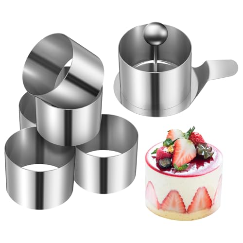Round Cake Ring Mold Set : 6-Piece Stainless Steel Baking Rings - Seamless Dessert Molds with Pusher Lifter Cake Cooking Press Mold for Pastry Mousse Crumpet (2.75inch Ring)