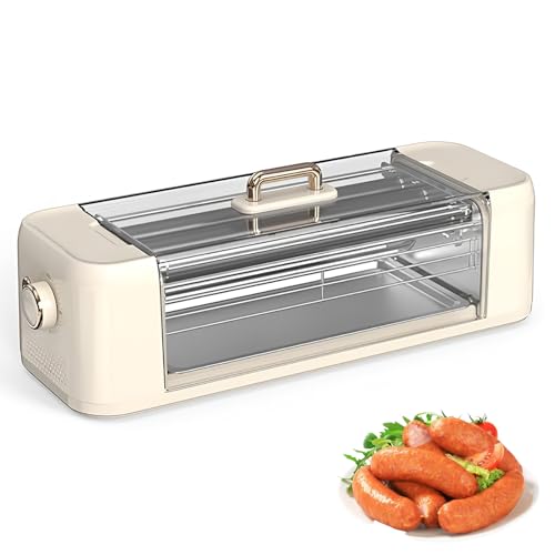 Electric Hot Dog Grill, 500W Mini Grilled Sausage Maker, 360° Rotating Smokeless Design, Fast Grilling with 0-300°C Temperature Control for Kitchen or Restaurant Use