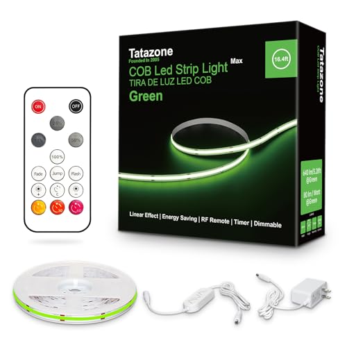 Tatazone 16.4ft Green COB Led Strip Lights with RF Remote, Dotless, Indoor, Dimmable, Adhesive Led COB Light Strip for Cabinet, Room, Bed, Paintings