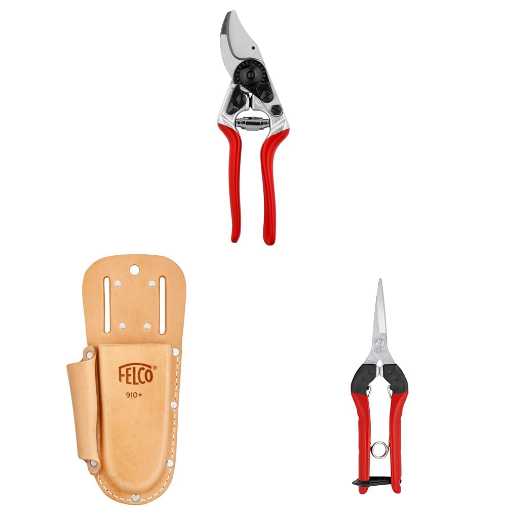 FELCO 14 Kompakt-Gartenschere mit Lederholster 910+ und Leseschere 322 – Kleines Set für feine Erntearbeiten und präzise Schnitte