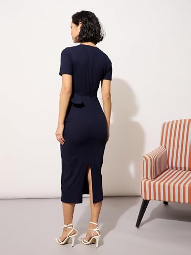 Image of barcino Black Rib Side Knot Bodycon Midi Dress