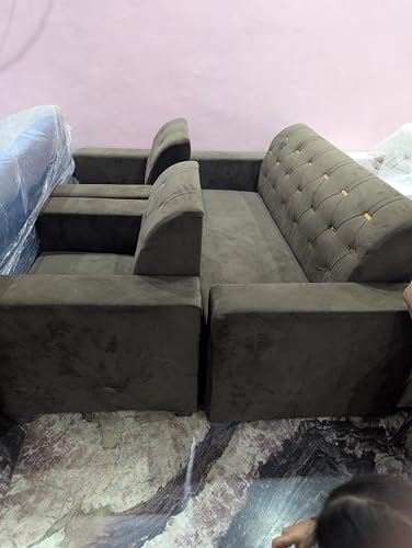 Image of Modern Tufted Velvet Sectional Sofa, Grey, L-Shaped Design with Gold Accent Buttons