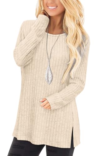 Image of Jescakoo Long Sleeve Shirts for Women Crew Neck Fall Tops Side Split Lightweight Tunic Sweaters Fashion Clothes 2025 S-4XL