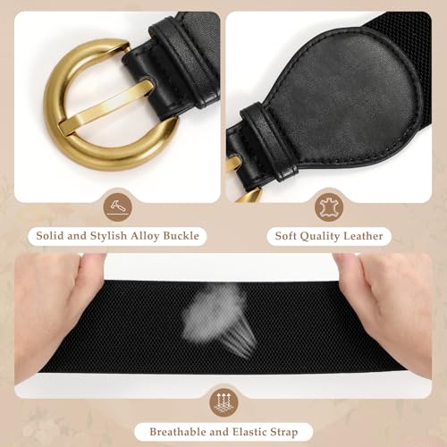 JASGOOD Women Elastic Wide Waist Belt with Gold Buckle Fashion Stretch Wide Belt for Ladies Dresses，Brown3