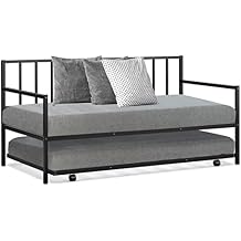 COSTWAY Twin Size Daybed and Trundle, Metal Frame Daybed and Roll Out Trundle w/Steel Slat Support & 4 Lockable Casters, Heavy-Duty Daybed for Guest Room, Bedroom Black