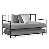 COSTWAY Twin Size Daybed and Trundle, Metal Frame Daybed and Roll Out Trundle w/Steel Slat Support & 4 Lockable Casters, Heavy-Duty Daybed for Guest Room, Bedroom (Black)