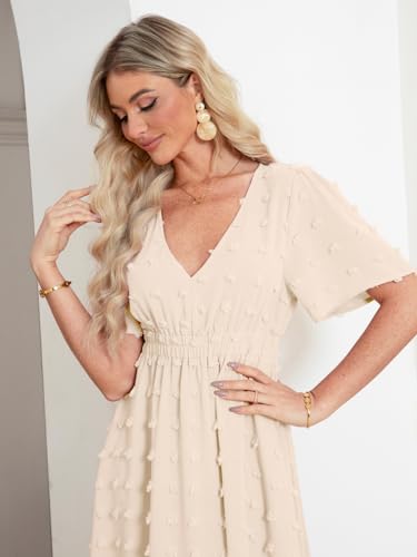Image of Simplee Womens Boho Maxi Dress Summer Wedding Guest Short Sleeve V Neck Swiss Dot Flowy Dresses