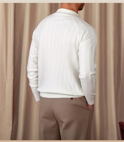 Men Button Lapel Long-Sleeved Sweater Classic Slim-Fit Solid Color Stripe Pullover Jumper4