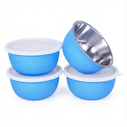 Image of Zaib Microwave Safe Stainless Steel Food Storage Bowl with Lid | Snack Serving Cooked Food Storage Container for Kitchen Capacity- 500 ML Each (Blue 500 ML White Lid)