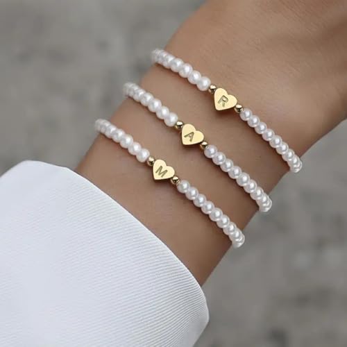 Imitation Pearl Bracelets for Women A to Z Letter Bracelet Gold Heart Elastic Beaded Bracelets Statement Jewelry Gift2