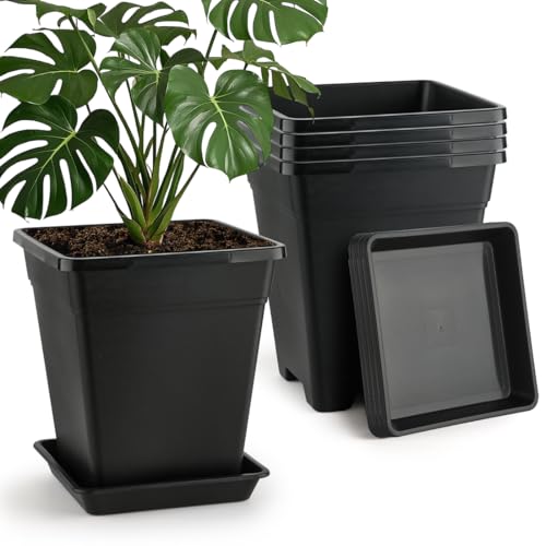 BTPLASTIK Plant Pots 10 Inch Set of 5, Large Square Plastic Planter with Drainage & Saucer, 5 Gallon Thick Outdoor Garden Pots Container for Outdoor Indoor, Flower Pots Planters