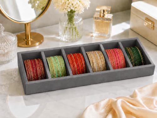 Image of La Trove 6 Slot Velvet Bangle Organizer Tray for Kada & Bracelets, Grey | Soft lined sections hold bangles, kada, bracelets & rings; keeps accessories sorted in drawer, wardrobe & dressing table